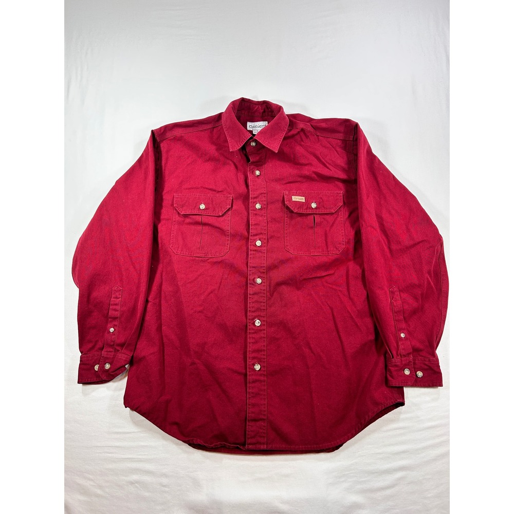 Carhartt Mens Red Canvas Long Sleeve Button Down Work Shirt Size Large